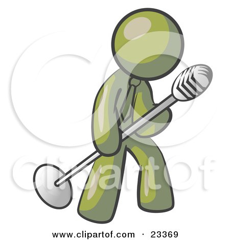 Clipart Illustration of an Olive Green Man In A Tie, Singing Songs On Stage During A Concert Or At A Karaoke Bar While Tipping The Microphone by Leo Blanchette