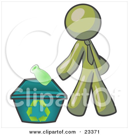 Clipart Illustration of an Olive Green Man Tossing A Plastic Container Into A Recycle Bin, Symbolizing Someone Doing Their Part To Help The Environment And To Be Earth Friendly by Leo Blanchette