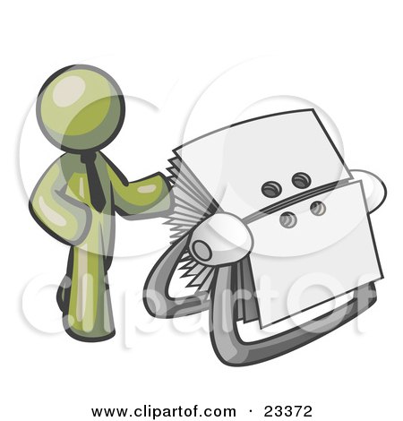 Clipart Illustration of an Olive Green Businessman Standing Beside A Rotary Card File With Blank Index Cards by Leo Blanchette