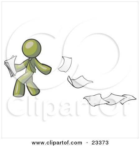 Clipart Illustration of an Olive Green Man Dropping White Sheets Of Paper On A Ground And Leaving A Paper Trail, Symbolizing Waste by Leo Blanchette