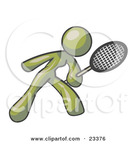 Clipart Illustration of an Olive Green Woman Preparing To Hit A Tennis Ball With A Racquet by Leo Blanchette