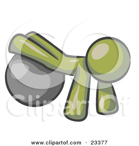 Clipart Illustration of an Olive Green Man Strength Training His Arms And Legs While Using A Yoga Exercise Ball by Leo Blanchette