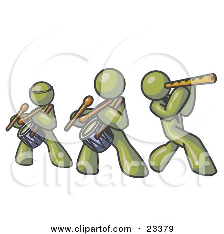 Clipart Illustration of Three Olive Green Men Playing Flutes and Drums at a Music Concert by Leo Blanchette