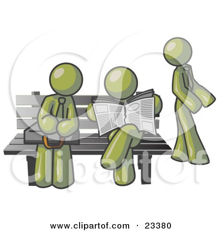 Clipart Illustration of Olive Green Men at a Bench at a Bus Stop  by Leo Blanchette