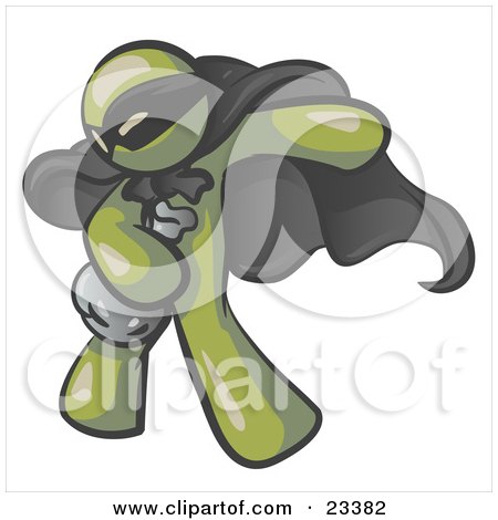 Clipart Illustration of an Olive Green Man In A Mask And Cape, Stealing Belongings In A Bag by Leo Blanchette