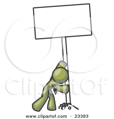 Clipart Illustration of a Strong Olive Green Man Pushing a Blank Sign Upright  by Leo Blanchette