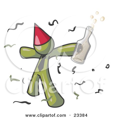 Clipart Illustration of a Happy Olive Green Man Partying With a Party Hat, Confetti and a Bottle of Liquor by Leo Blanchette