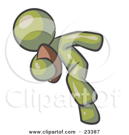 Clipart Illustration of an Olive Green Man Running With A Football In Hand During A Game Or Practice by Leo Blanchette