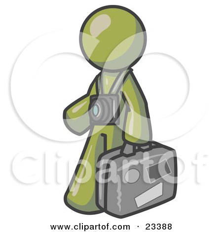 Clipart Illustration of an Olive Green Male Tourist Carrying His Suitcase and Walking With a Camera Around His Neck by Leo Blanchette