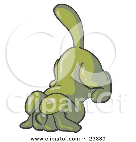 Clipart Illustration of a Scared Olive Green Tick Hound Dog Covering His Head With His Front Paws  by Leo Blanchette