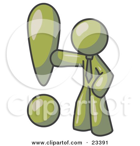 Clipart Illustration of an Olive Green Businessman Standing by a Large Exclamation Point by Leo Blanchette