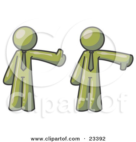 Clipart Illustration of an Olive Green Business Man Giving the Thumbs Up Then the Thumbs Down  by Leo Blanchette