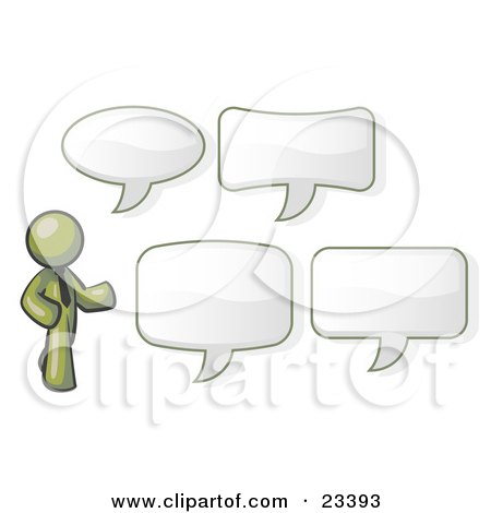 Clipart Illustration of an Olive Green Businessman With Four Different Word Bubbles by Leo Blanchette