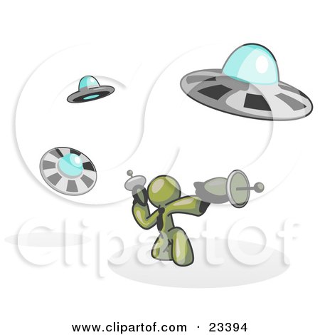 Clipart Illustration of an Olive Green Man Fighting Off UFO's With Weapons by Leo Blanchette