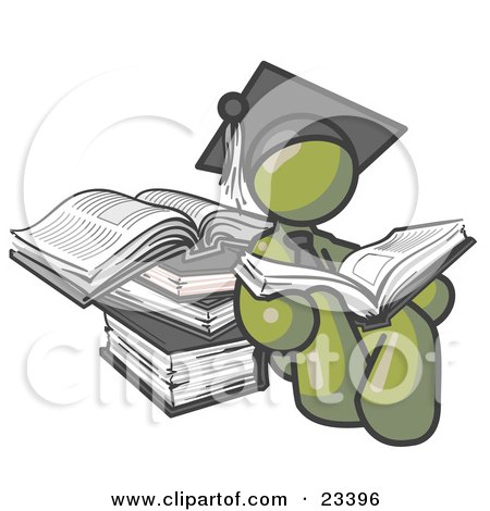 Clipart Illustration of an Olive Green Male Student in a Graduation Cap, Reading a Book and Leaning Against a Stack of Books by Leo Blanchette