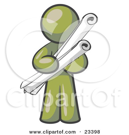 Clipart Illustration of an Olive Green Man Architect Carrying Rolled Blue Prints And Plans by Leo Blanchette