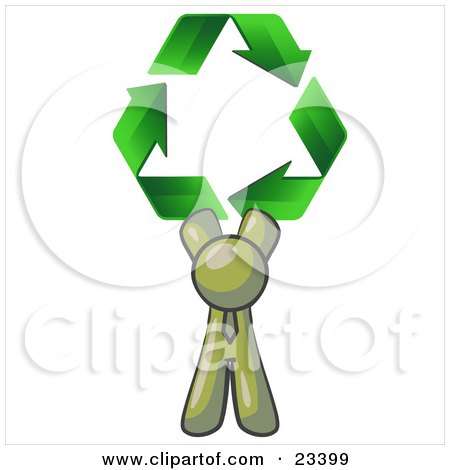 Clipart Illustration of an Olive Green Man Holding Up Three Green Arrows Forming A Triangle And Moving In A Clockwise Motion, Symbolizing Renewable Energy And Recycling by Leo Blanchette