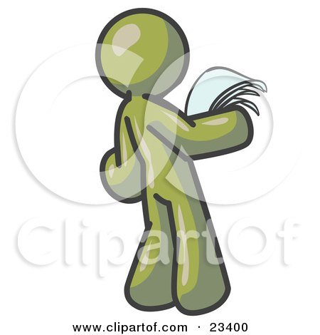 Clipart Illustration of a Serious Olive Green Man Reading Papers and Documents by Leo Blanchette