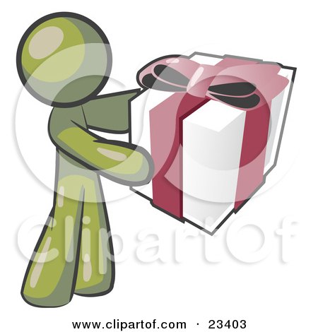 Clipart Illustration of a Thoughtful Olive Green Man Holding A Christmas, Birthday, Valentine's Day Or Anniversary Gift Wrapped In White Paper With Red Ribbon And A Bow by Leo Blanchette
