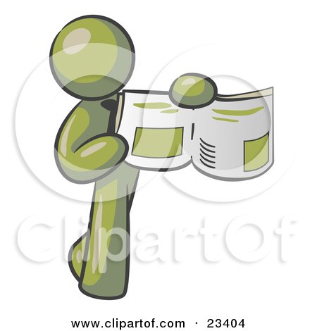 Clipart Illustration of an Olive Green Man Holding Up A Newspaper And Pointing To An Article by Leo Blanchette