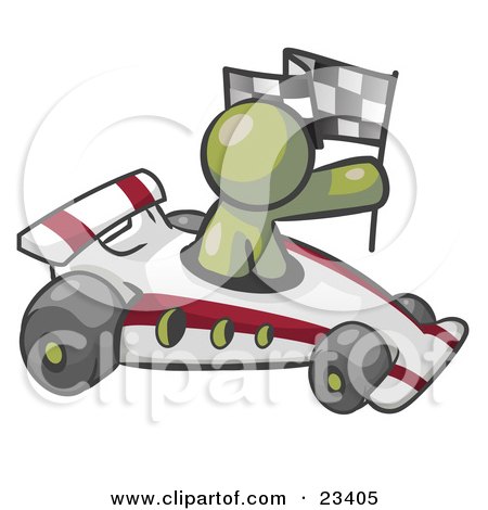 Clipart Illustration of an Olive Green Man Driving A Fast Race Car Past Flags While Racing by Leo Blanchette