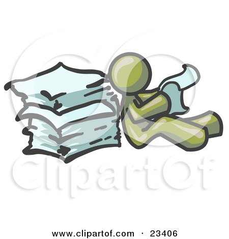 Clipart Illustration of an Olive Green Man Leaning Against a Stack of Papers by Leo Blanchette