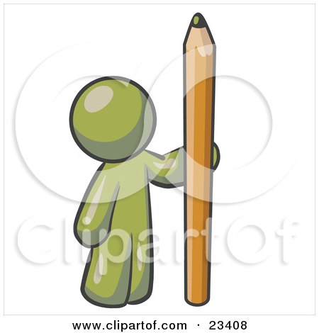 Clipart Illustration of an Olive Green Man Holding Up And Standing Beside A Giant Yellow Number Two Pencil by Leo Blanchette