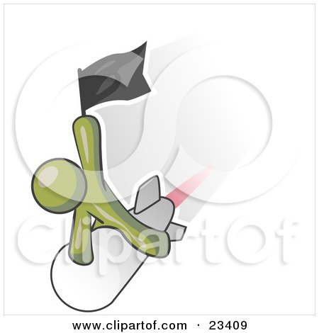 Clipart Illustration of an Olive Green Man Waving A Flag While Riding On Top Of A Fast Missile Or Rocket, Symbolizing Success by Leo Blanchette