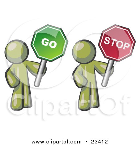 Clipart Illustration of Olive Green Men Holding Red And Green Stop And Go Signs by Leo Blanchette