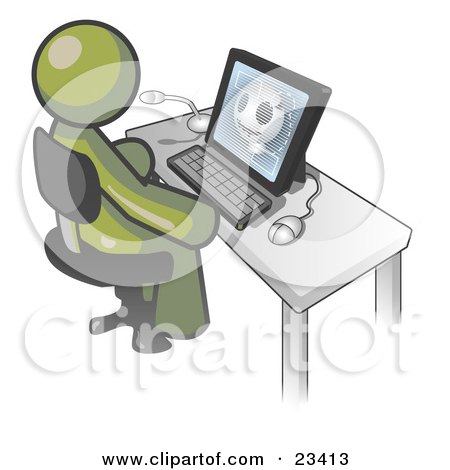 Clipart Illustration of an Olive Green Doctor Man Sitting at a Computer and Viewing an Xray of a Head  by Leo Blanchette
