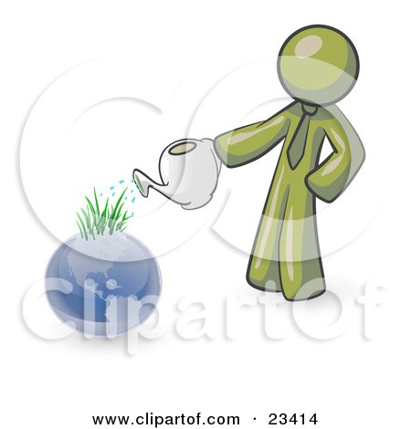 Clipart Illustration of an Olive Green Man Using A Watering Can To Water New Grass Growing On Planet Earth, Symbolizing Someone Caring For The Environment by Leo Blanchette