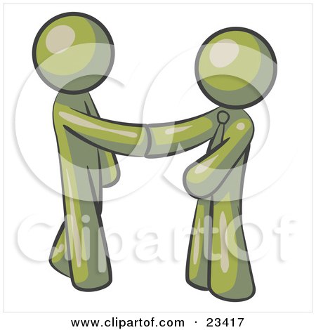 Clipart Illustration of an Olive Green Man Wearing A Tie, Shaking Hands With Another Upon Agreement Of A Business Deal by Leo Blanchette