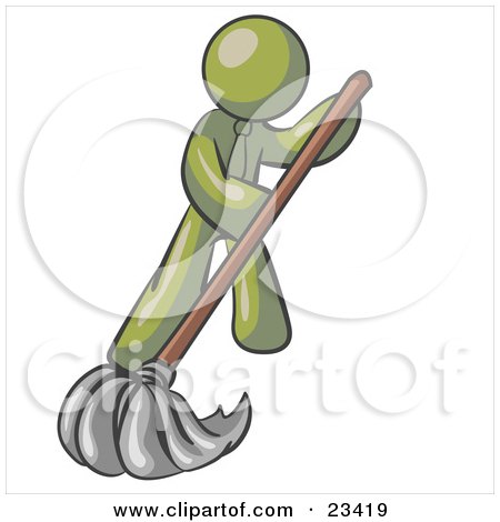 Clipart Illustration of an Olive Green Man Wearing A Tie, Using A Mop While Mopping A Hard Floor To Clean Up A Mess Or Spill by Leo Blanchette