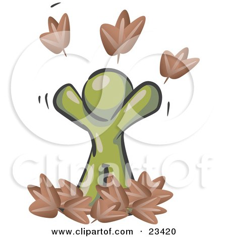 Clipart Illustration of a Carefree Olive Green Man Tossing Up Autumn Leaves In The Air, Symbolizing Happiness And Freedom by Leo Blanchette