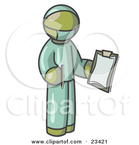 Clipart Illustration of an Olive Green Surgeon Man in Green Scrubs, Holding a Pen and Clipboard by Leo Blanchette