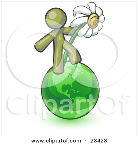 Clipart Illustration of an Olive Green Man Standing On The Green Planet Earth And Holding A White Daisy, Symbolizing Organics And Going Green For A Healthy Environment by Leo Blanchette