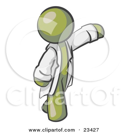 Clipart Illustration of an Olive Green Scientist, Veterinarian Or Doctor Man Waving And Wearing A White Lab Coat by Leo Blanchette
