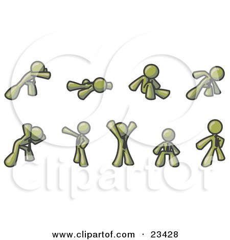 Clipart Illustration of an Olive Green Man Doing Different Exercises and Stretches in a Fitness Gym  by Leo Blanchette