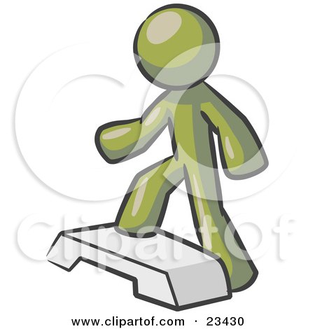 Clipart Illustration of an Olive Green Man Doing Step Ups On An Aerobics Platform While Exercising by Leo Blanchette