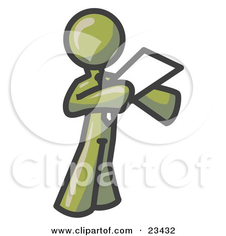 Clipart Illustration of an Olive Green Businessman Holding a Piece of Paper During a Speech or Presentation by Leo Blanchette