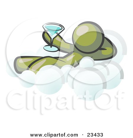 Clipart Illustration of a Relaxed Olive Green Man Drinking A Martini And Kicking Back On Cloud Nine by Leo Blanchette