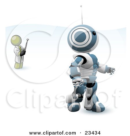 Clipart Illustration of an Olive Green Man Inventor Operating An Blue Robot With A Remote Control by Leo Blanchette