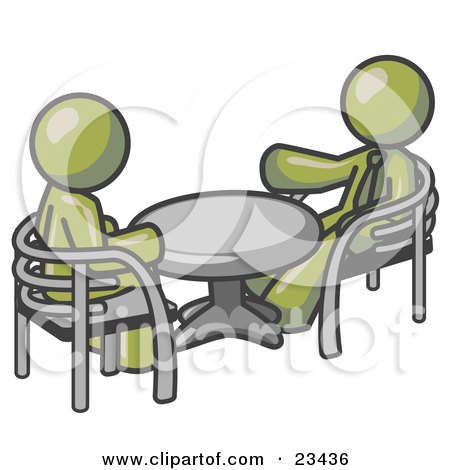 Clipart Illustration of Two Olive Green Business Men Sitting Across From Eachother at a Table During a Meeting by Leo Blanchette