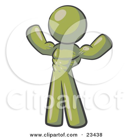 Clipart Illustration of an Olive Green Bodybuilder Man Flexing His Muscles And Showing The Definition In His Abs, Chest And Arms by Leo Blanchette