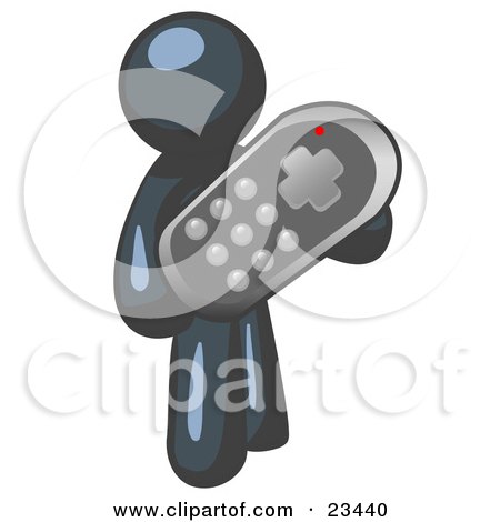 Clipart Illustration of a Navy Blue Man Holding A Remote Control To A Television by Leo Blanchette
