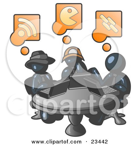 Clipart Illustration of Three Navy Blue Men Using Laptops in an Internet Cafe by Leo Blanchette