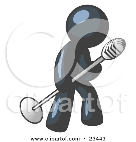 Clipart Illustration of a Navy Blue Man In A Tie, Singing Songs On Stage During A Concert Or At A Karaoke Bar While Tipping The Microphone by Leo Blanchette