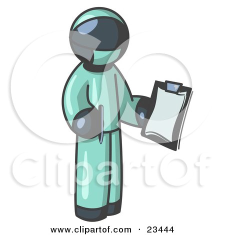 Clipart Illustration of a Navy Blue Surgeon Man in Green Scrubs, Holding a Pen and Clipboard by Leo Blanchette