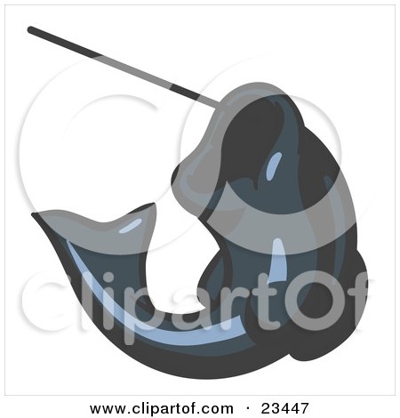 Clipart Illustration of a Navy Blue Fish Jumping Up And Biting A Hook On A Fishing Line by Leo Blanchette