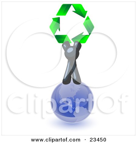Clipart Illustration of a Navy Blue Man Standing On Top Of The Blue Planet Earth And Holding Up Three Green Arrows Forming A Triangle And Moving In A Clockwise Motion, Symbolizing Renewable Energy And Recycling by Leo Blanchette